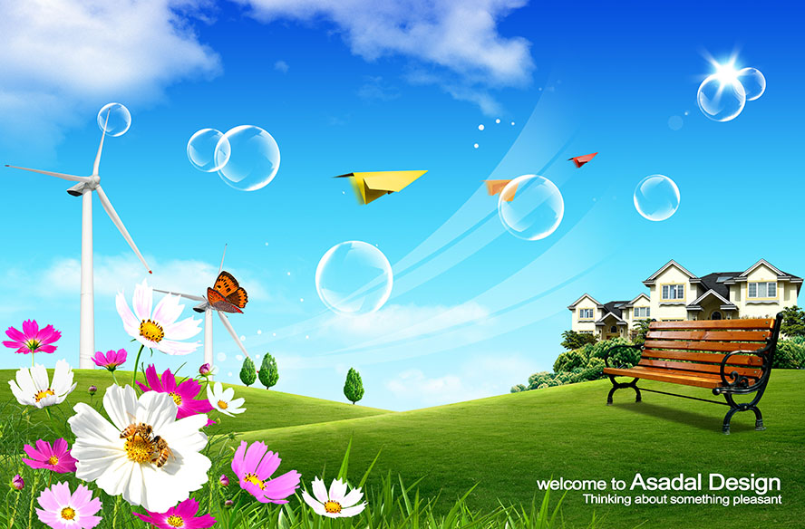 蓝天,草地,花朵,风车,纸飞机,泡泡，椅子，豪宅